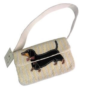 Dachshund Beaded Handbag Shoulder Bag Purse Dog Pink Bow Faux Pearl Striped New